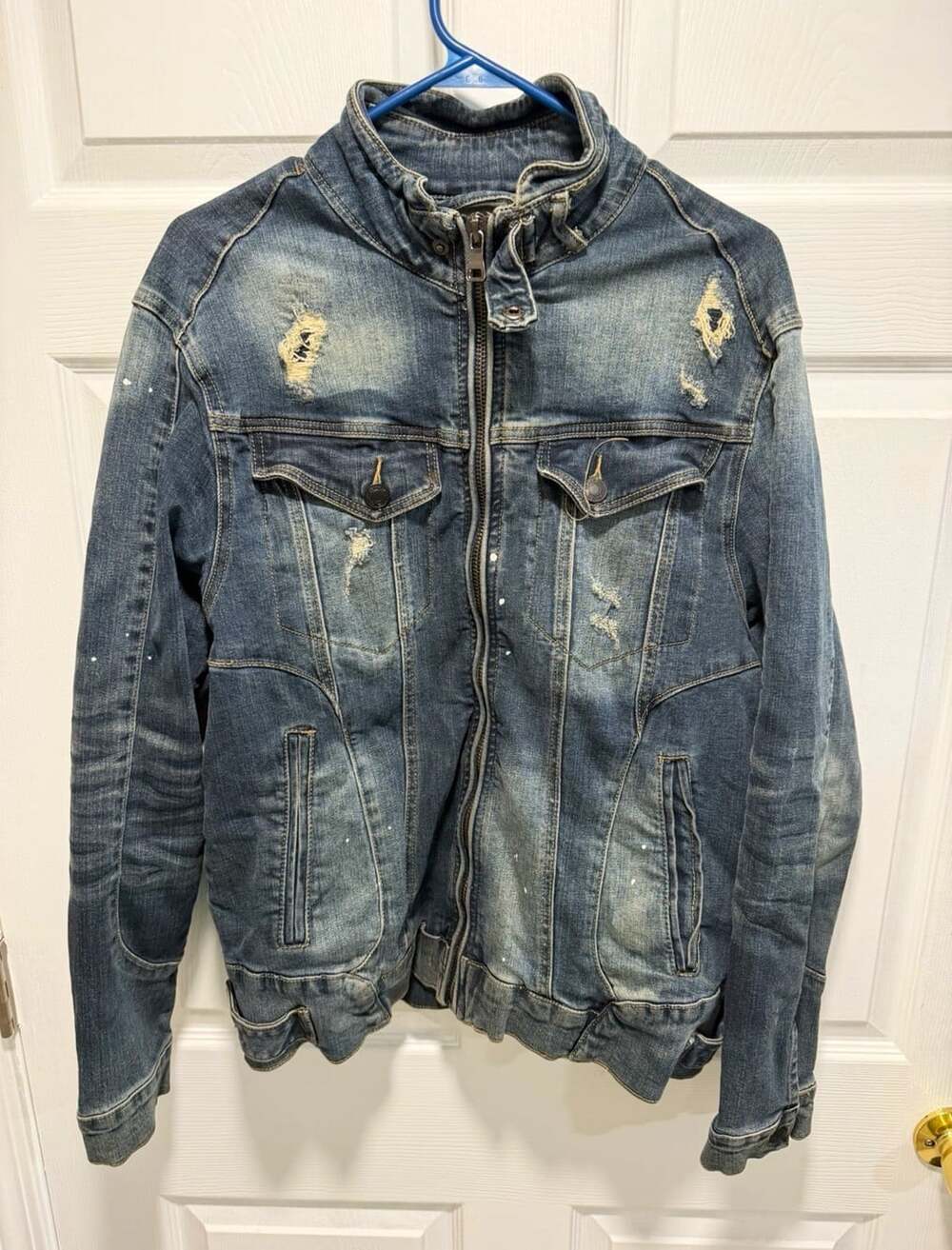 Smoke Rise Women’s Distressed Denim Moto Jacket Blue Y2K Grunge
